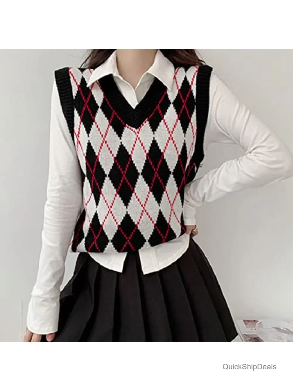 Sleeveless V Neck Argyle Plaid Knitted Sweater Vest Loose Preppy Casual